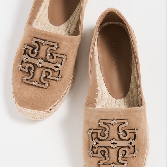 Tory Burch Shoes - Tory Burch Beige Suede Logo Espadrille Flats